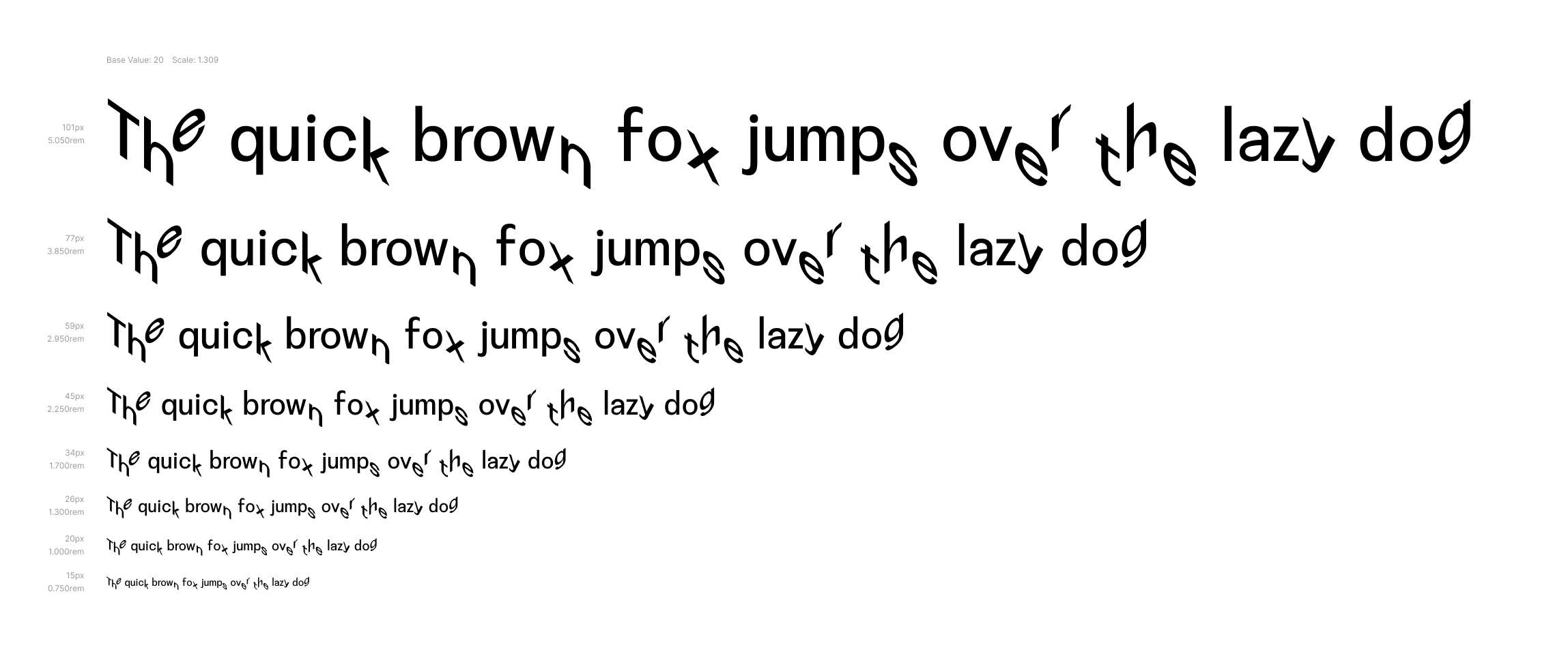 Typescale for Disorientation Sans VF with 20px base and golden ratio 1/2 increments (1.309) scale factor.